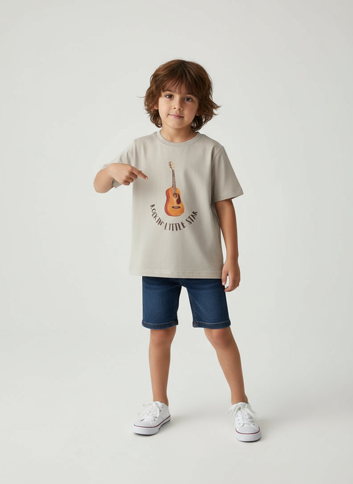 Boys' Beige Cotton T-shirt – Rockin’ Little Star Guitar Print