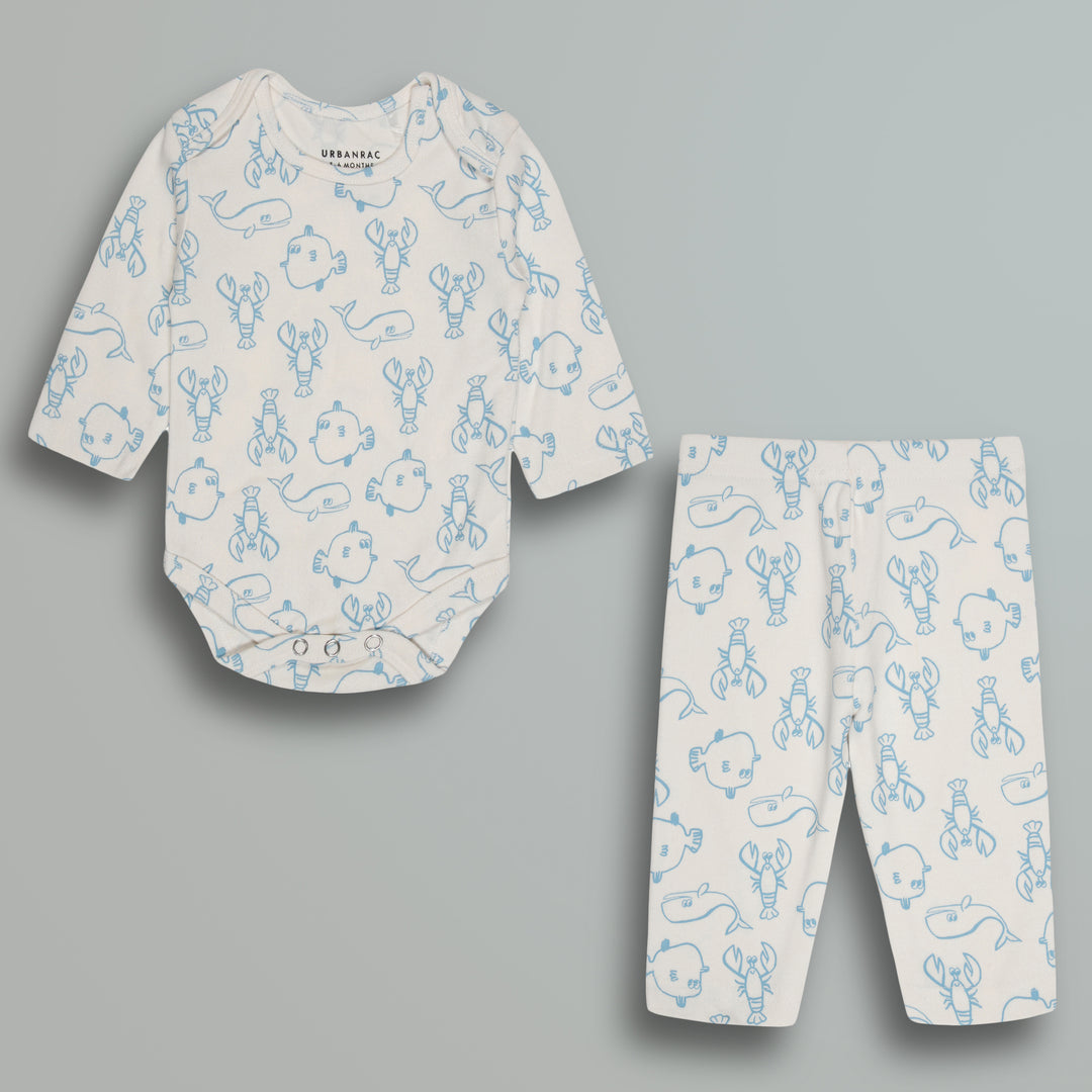 Cotton Onesies and Pant Set for Babies | Sleepwear | Sea Animals Print - Urbanrac