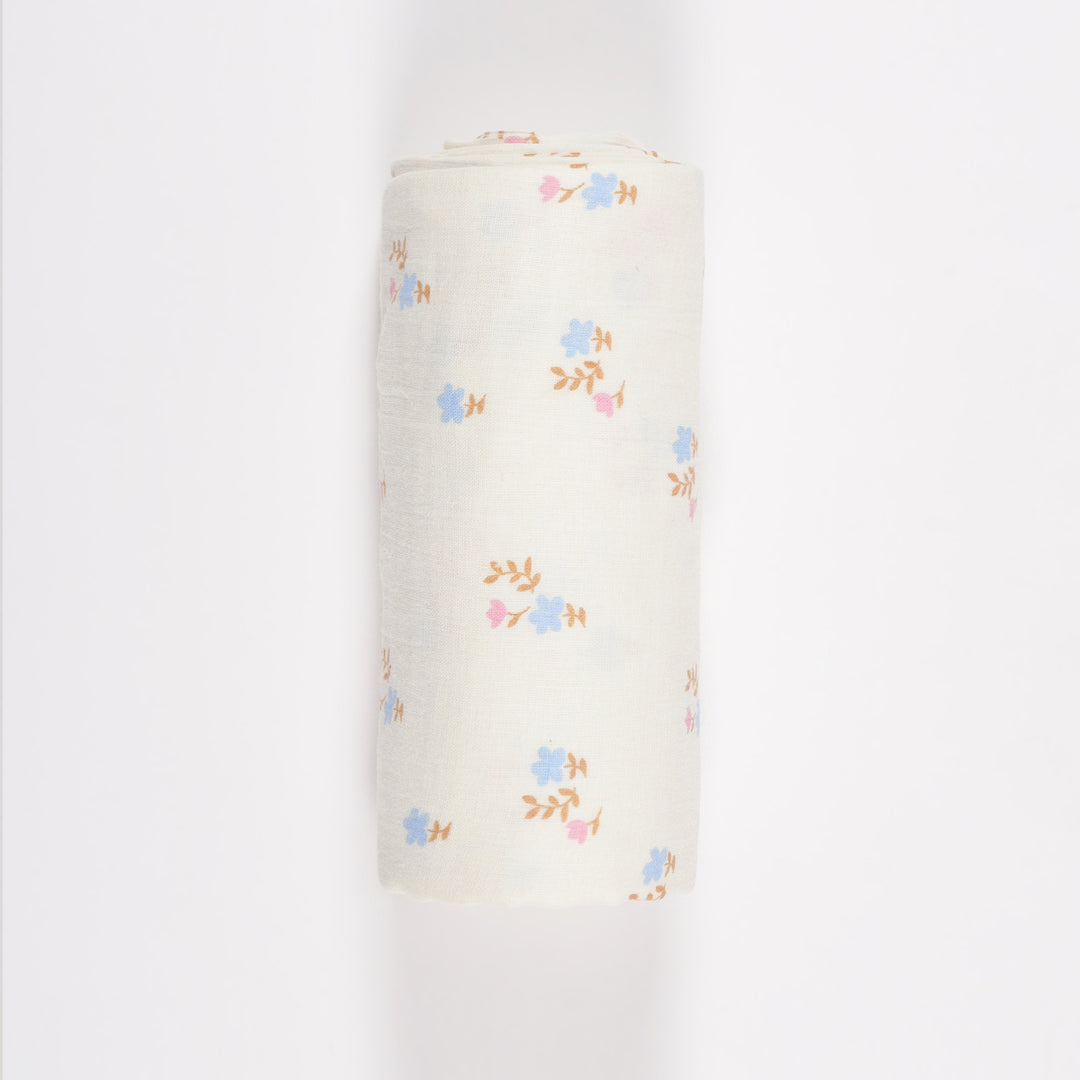 GOTS Certified Organic Muslin Baby Swaddles - Pack of 2 - Floral print and Solid Peach - Urbanrac