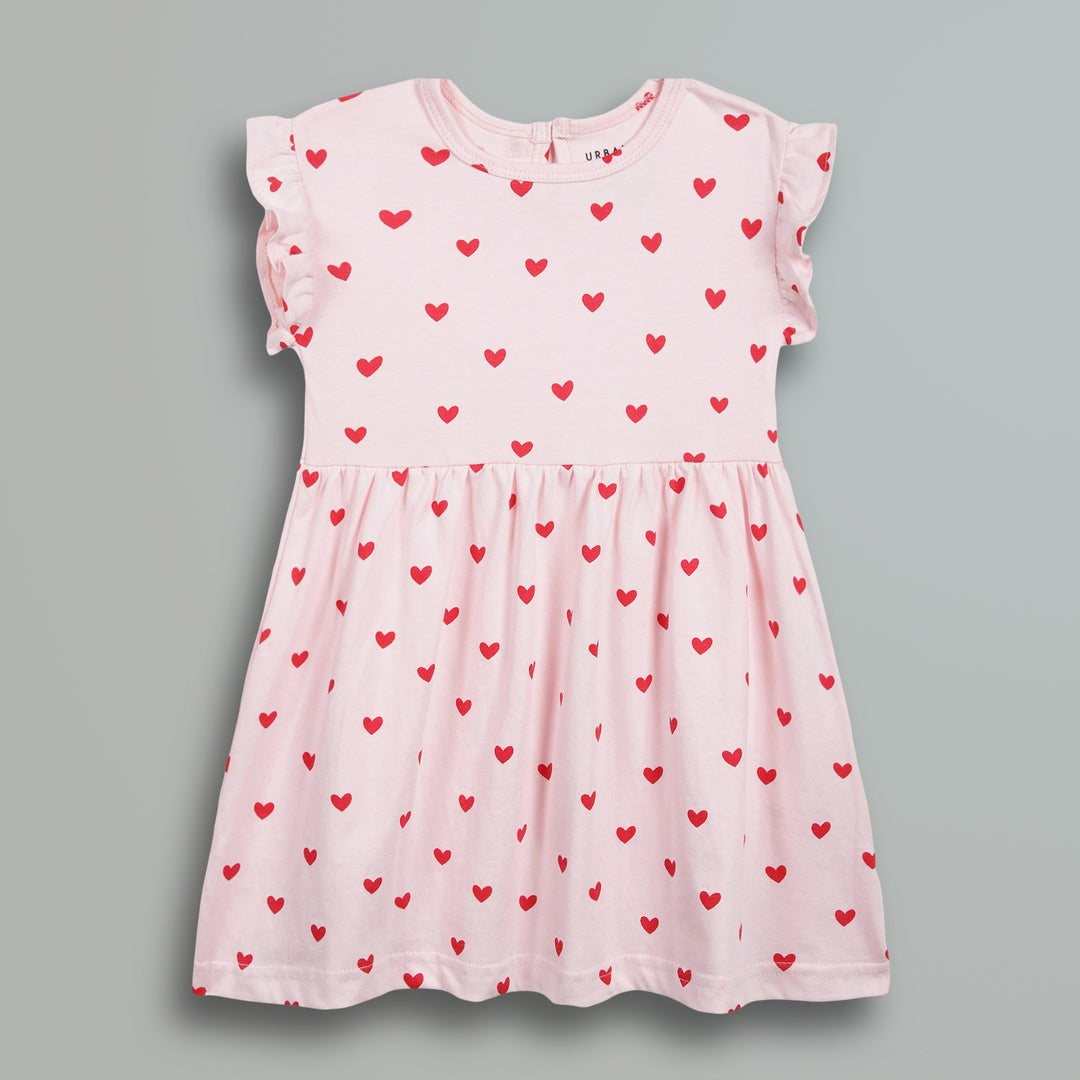 Pink Red Hearts Print Frill Sleeves Cotton Dress for Little Girls - Urbanrac