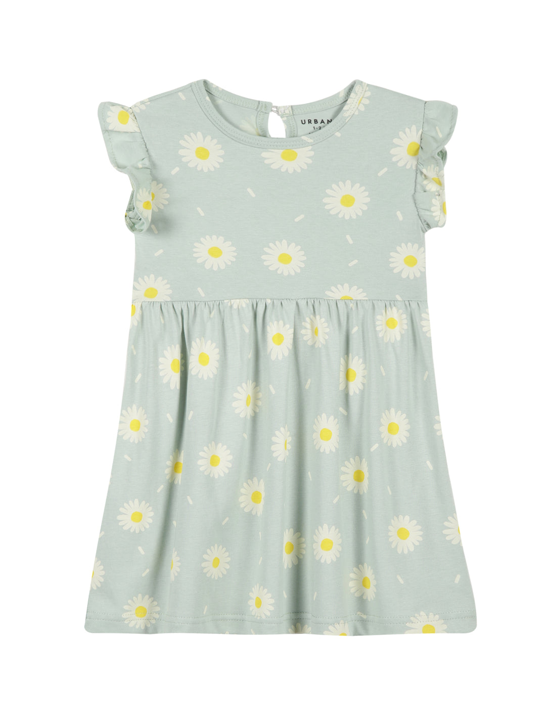 Pastel Aqua Green Floral With Frill Sleeves Cotton Dress for Little Girls - Urbanrac