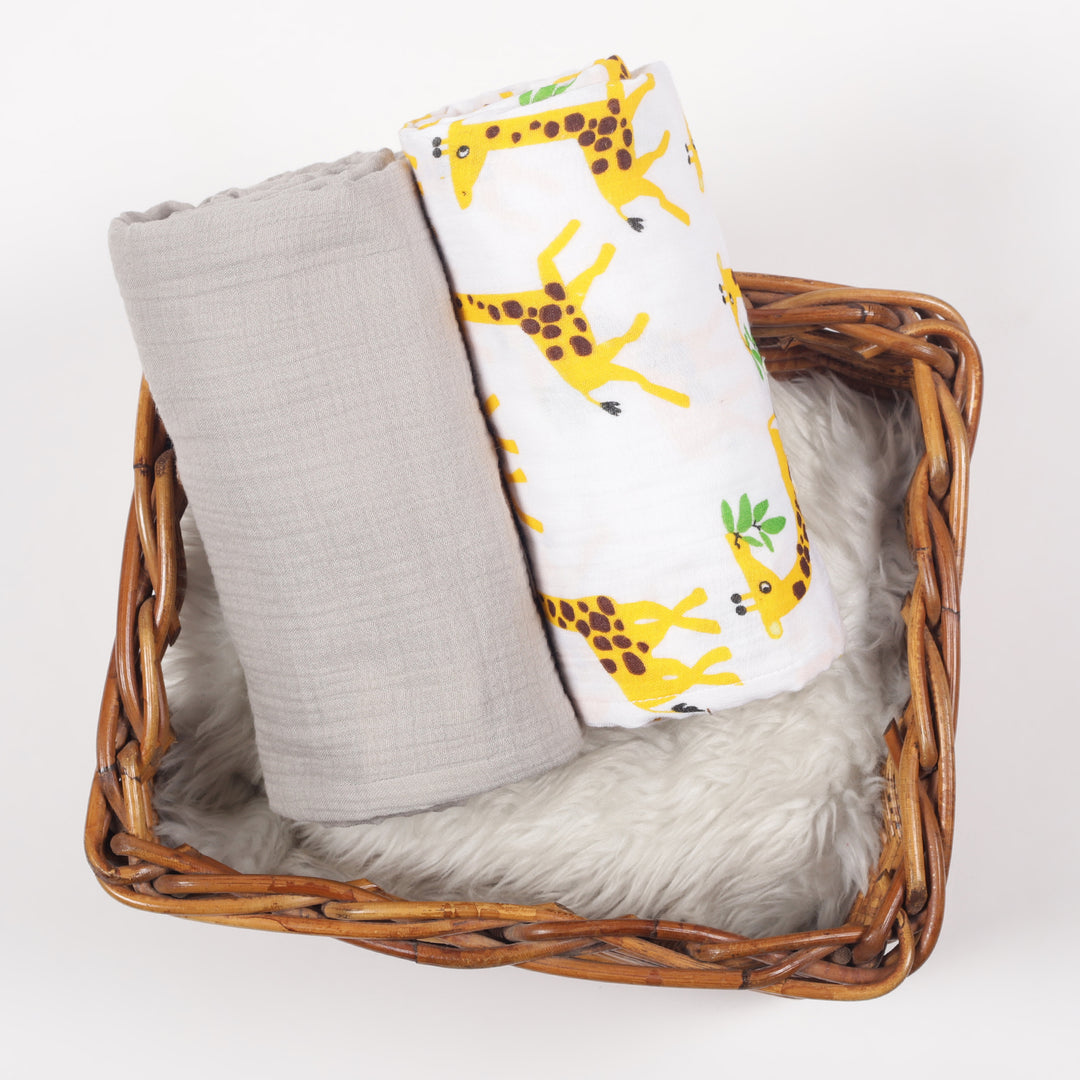 GOTS Certified Organic Muslin Baby Swaddles - Pack of 2 - Animal print and Solid Gray - Urbanrac