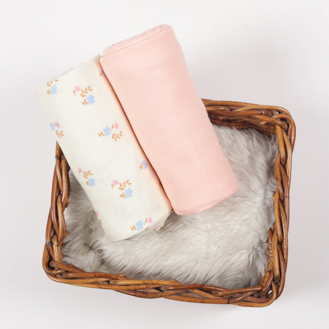 GOTS Certified Organic Muslin Baby Swaddles - Pack of 2 - Floral print and Solid Peach - Urbanrac