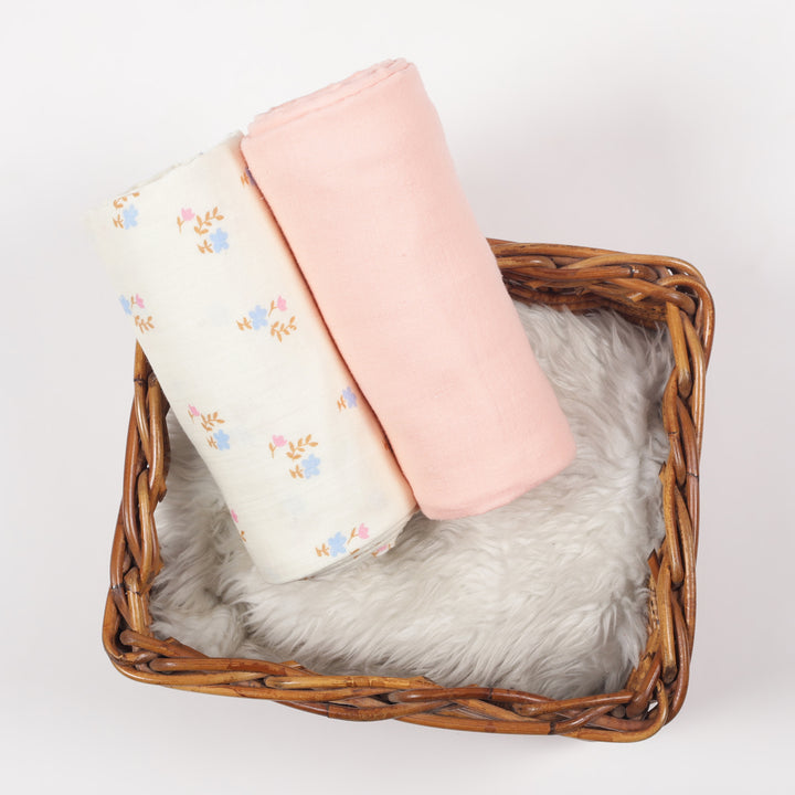GOTS Certified Organic Muslin Baby Swaddles - Pack of 2 - Floral print and Solid Peach - Urbanrac