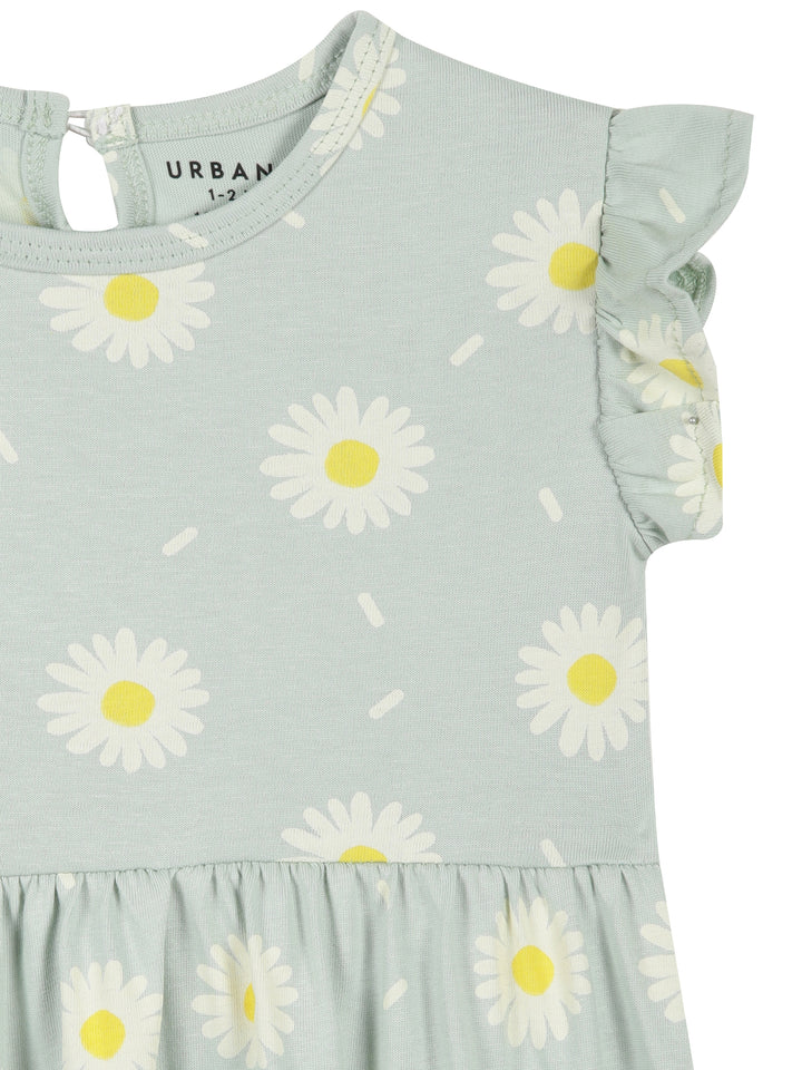 Pastel Aqua Green Floral With Frill Sleeves Cotton Dress for Little Girls - Urbanrac