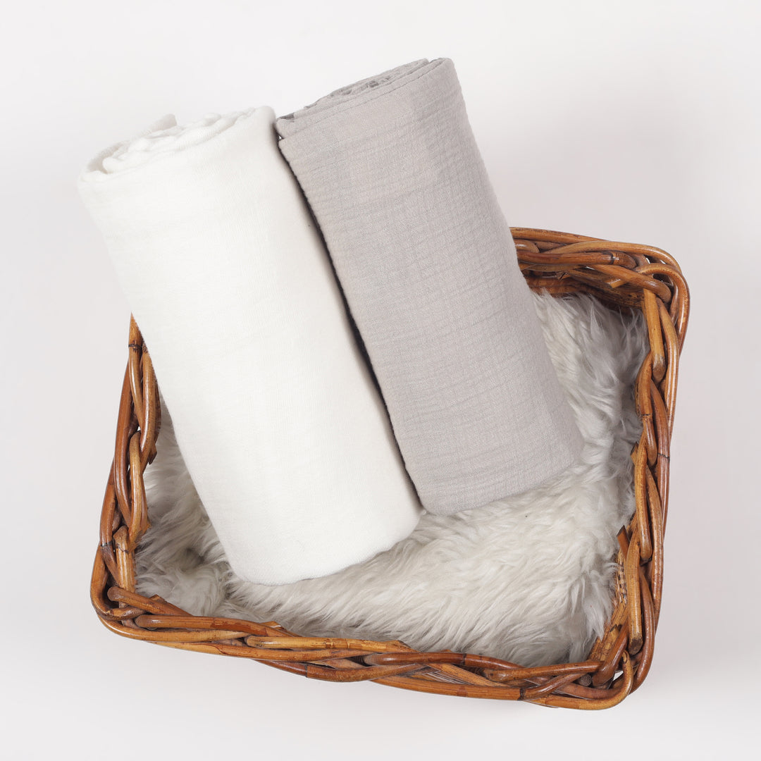 GOTS Certified Organic Muslin Baby Swaddles - Pack of 2 - Solid white and Solid Gray - Urbanrac