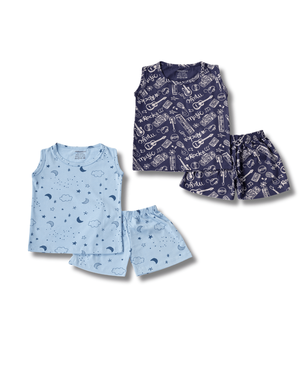 2 Pack Co-Ord Sets - Navy Blue Guitar print + Light Blue night sky print - Urbanrac