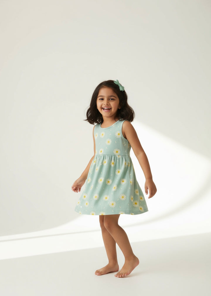 Pastel Aqua Green Floral Sleeveless Cotton Dress for Little Girls