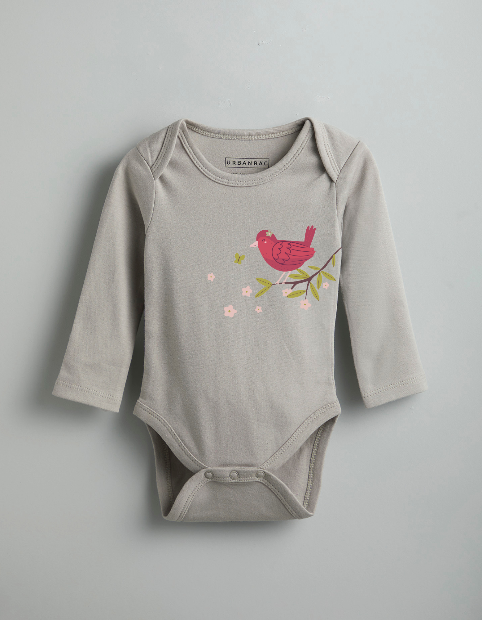 GOTS Certified Organic Cotton Full Sleeves Onesies | Grey Brid Print - Urbanrac