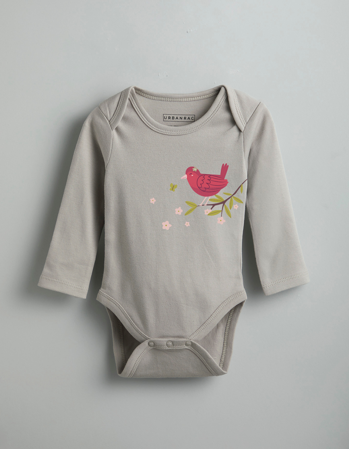 GOTS Certified Organic Cotton Full Sleeves Onesies | Grey Brid Print - Urbanrac