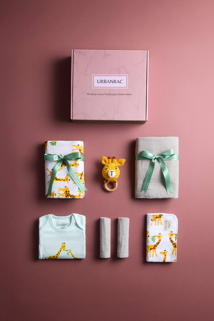 Urbanrac Luxury Baby Gift Set – GOTS Certified Organic Muslin Essentials With Onesies- Giraffe