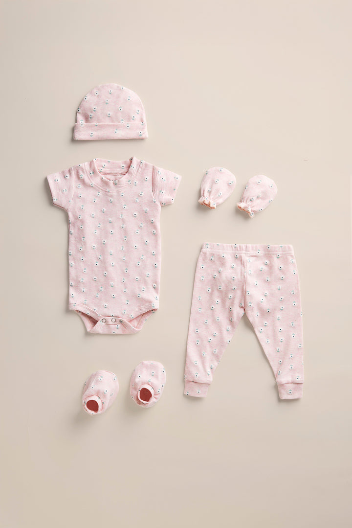 100% Cotton Onesies and Pant Set| 7 - Piece Newborn Essentials Set – Pink Daisy