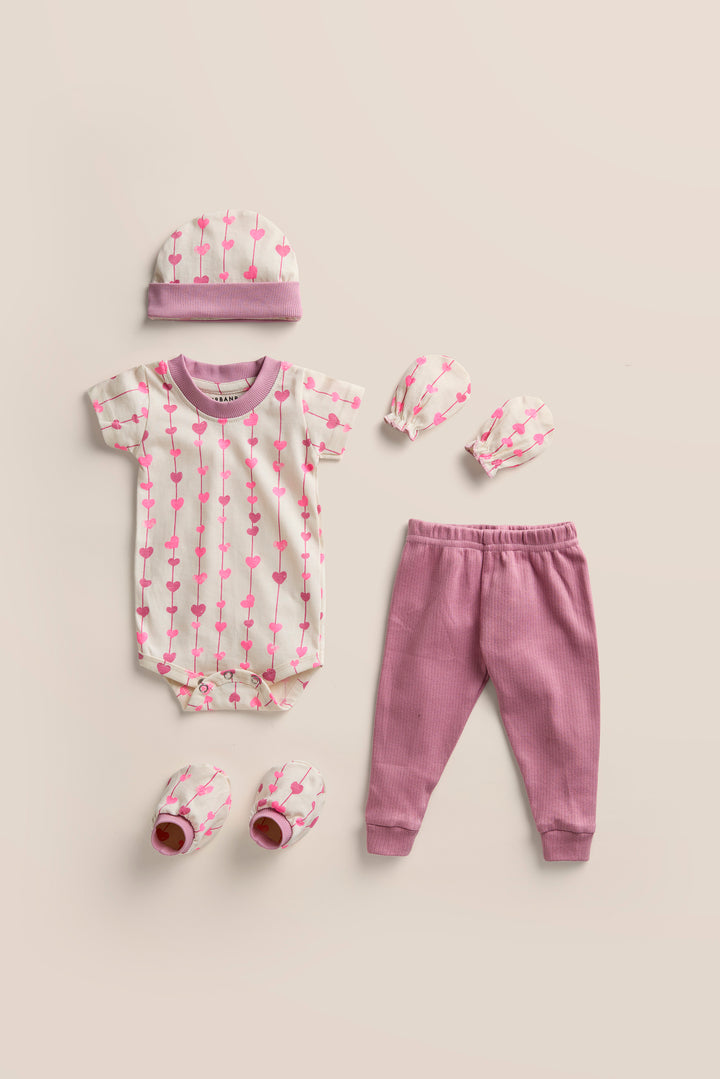 100% Cotton Onesies and Pant Set| 6-Piece Newborn Essentials Set – Pink Heartstrings