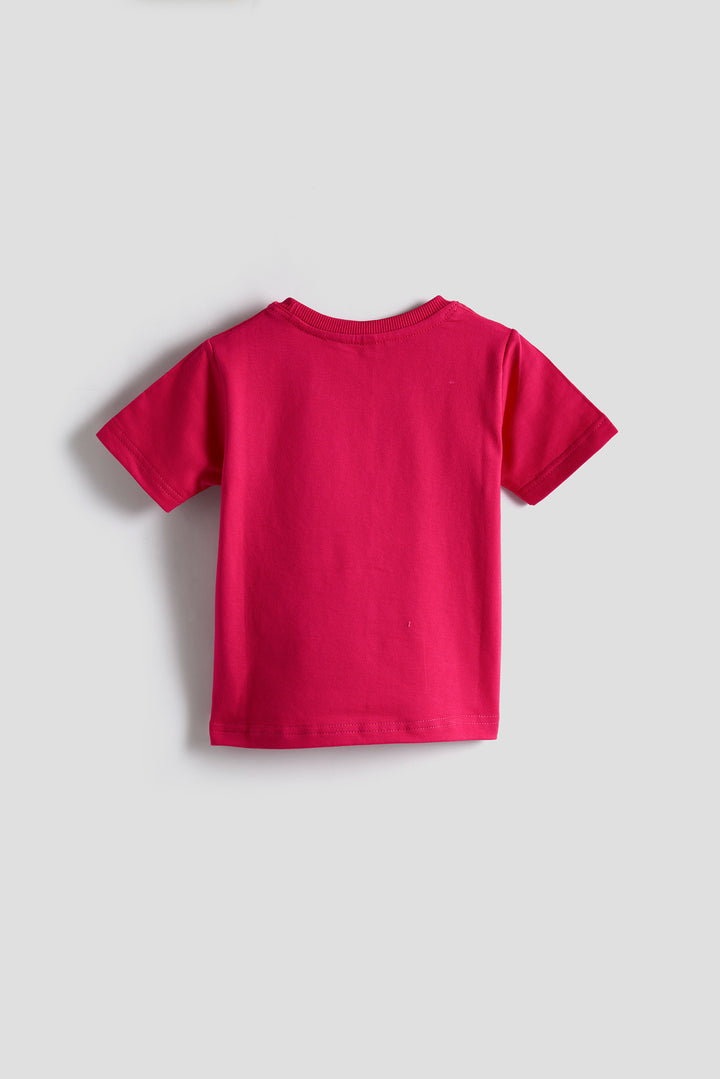 Girls' Hot Pink Cotton T-shirt with 3D Flower Appliqué