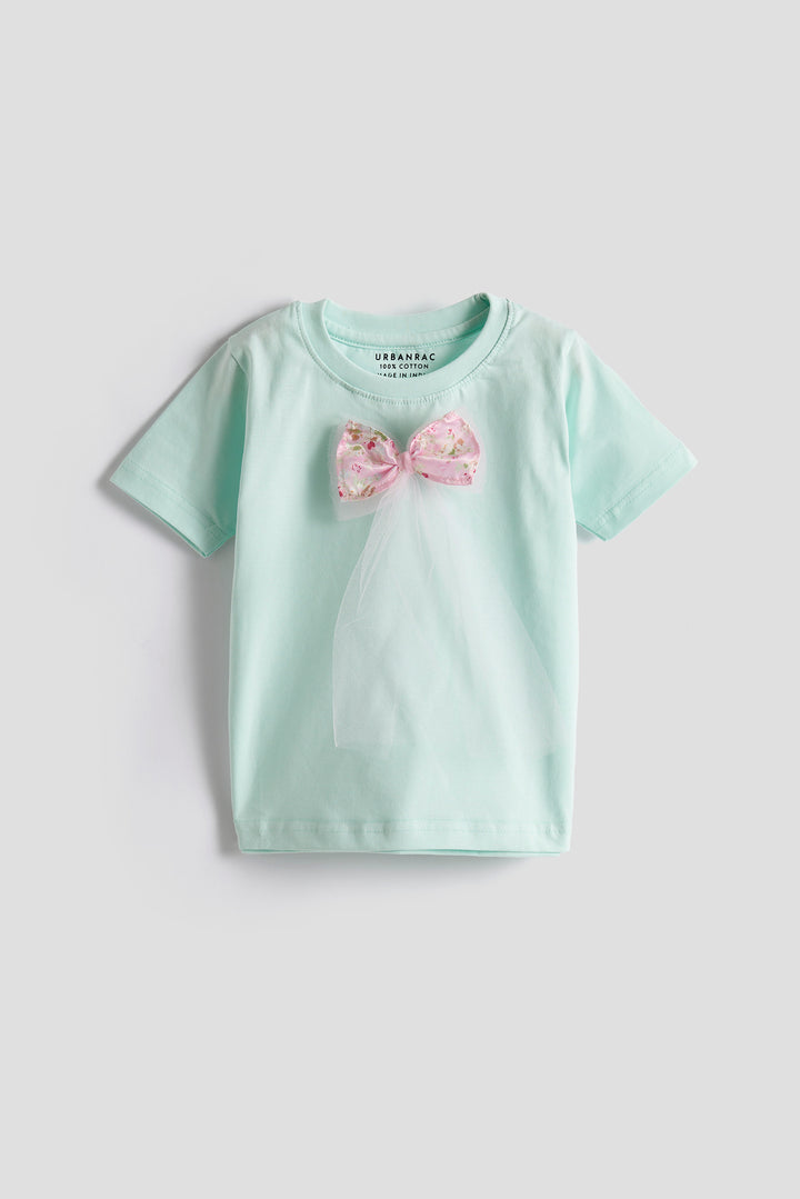 Girls’ Mint Green Cotton T-shirt with Bow Detail