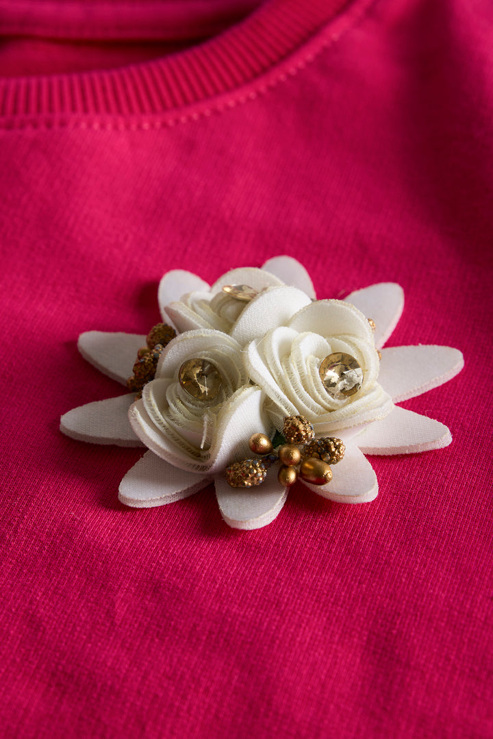 Girls' Hot Pink Cotton T-shirt with 3D Flower Appliqué