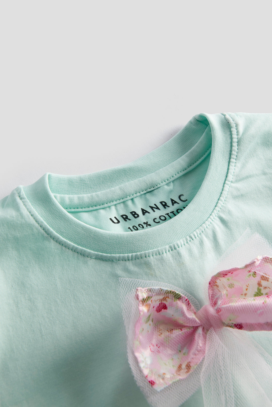 Girls’ Mint Green Cotton T-shirt with Bow Detail