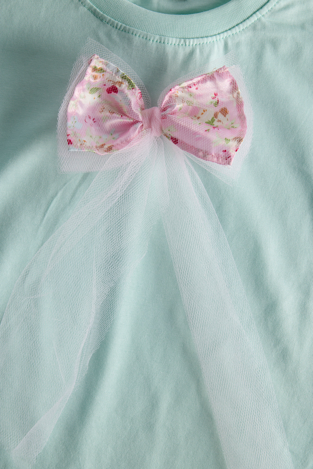 Girls’ Mint Green Cotton T-shirt with Bow Detail