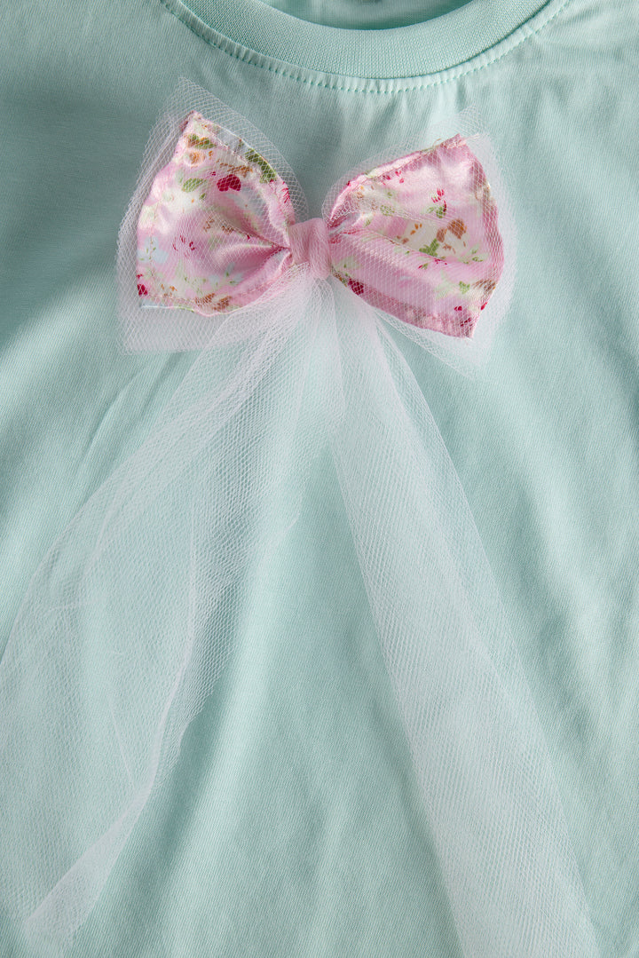 Girls’ Mint Green Cotton T-shirt with Bow Detail