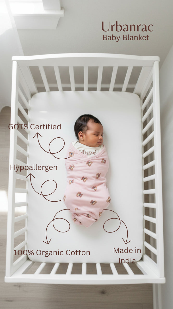 100% Organic GOTS Certified Cotton Baby Blanket - Teddy Bear Print Blush Pink