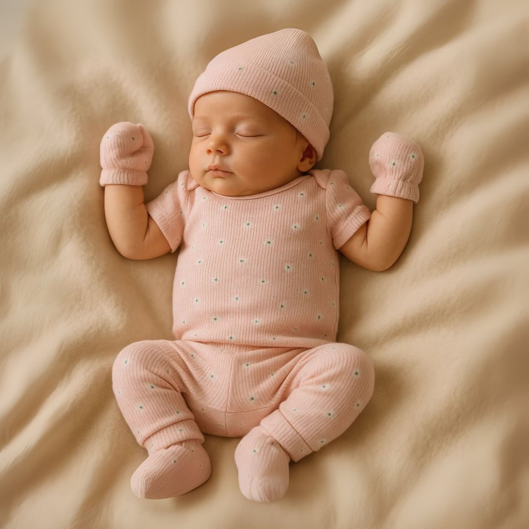 100% Cotton Onesies and Pant Set| 7 - Piece Newborn Essentials Set – Pink Daisy