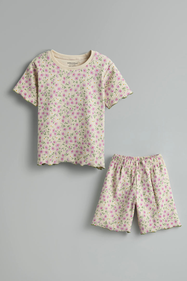 100% Cotton Co-Ord Set for Toddlers | Floral Off-White - Urbanrac