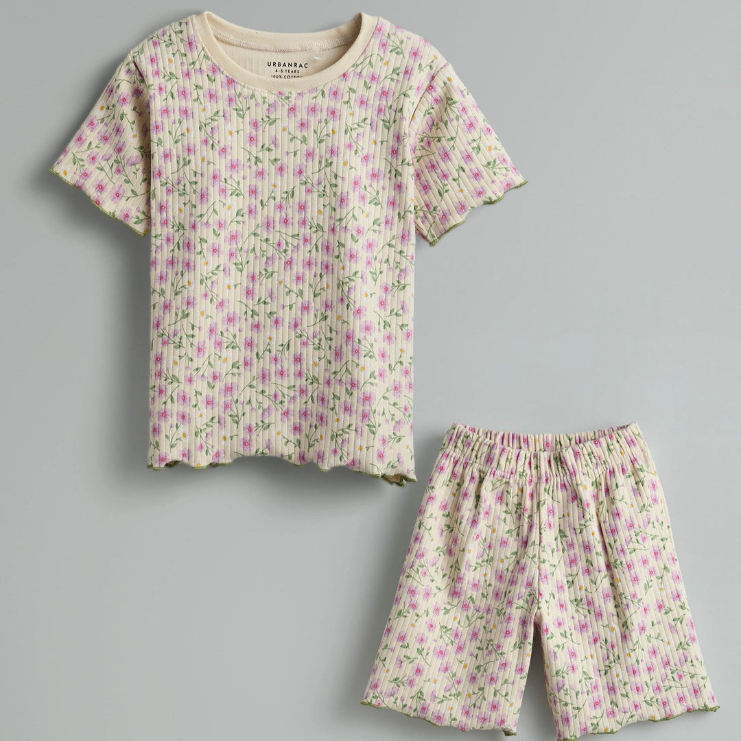 100% Cotton Co-Ord Set for Toddlers | Floral Off-White - Urbanrac