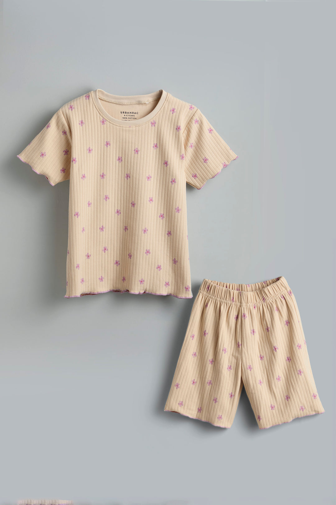 100% Cotton Co-Ord Set for Toddlers | Beige purple floral - Urbanrac