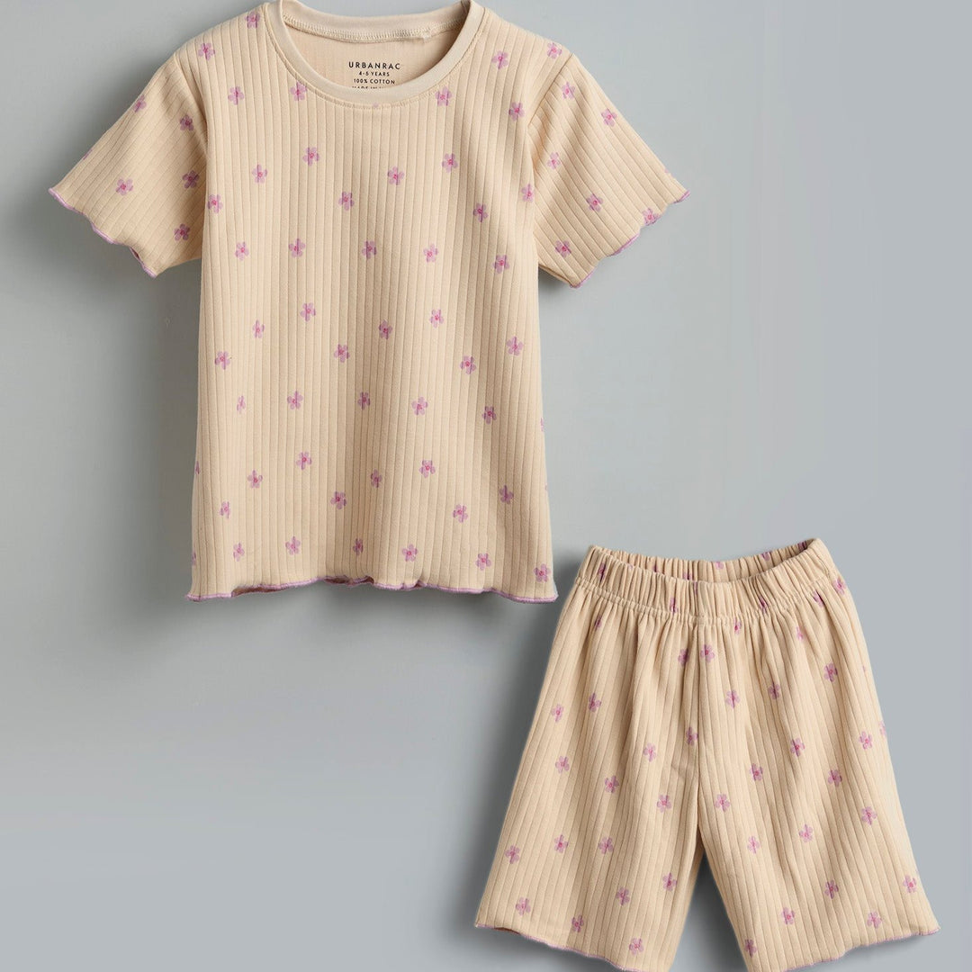 100% Cotton Co-Ord Set for Toddlers | Beige purple floral - Urbanrac