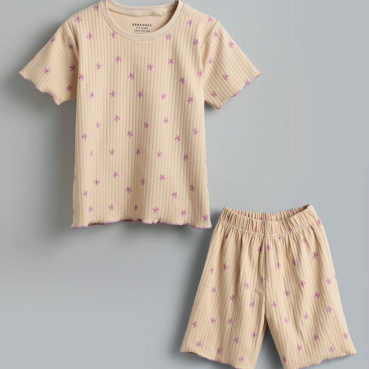 100% Cotton Co-Ord Set for Toddlers | Beige purple floral - Urbanrac