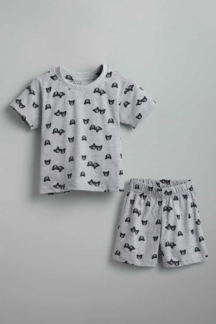 100% Cotton Teddy Print Gray Co-Ord Set - Urbanrac