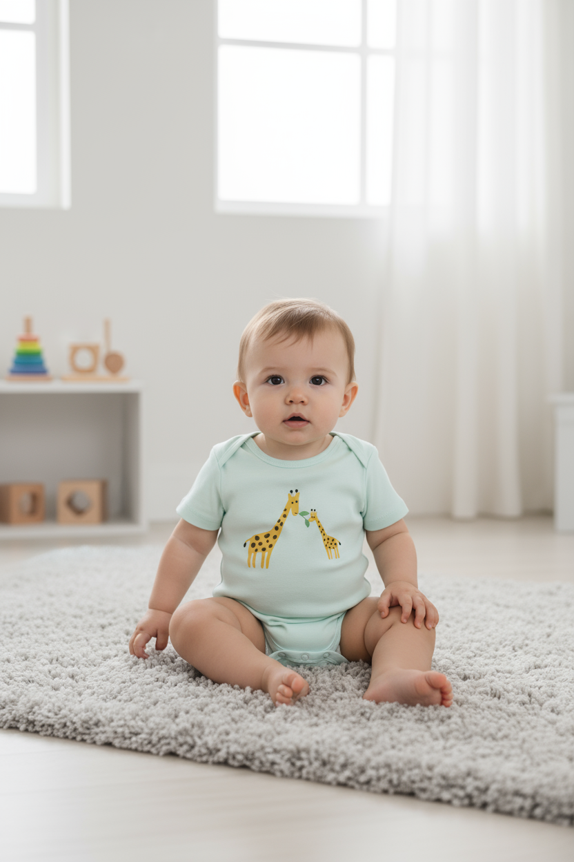 GOTS Certified Organic Cotton Half Sleeves Baby Onesies Giraffe Print