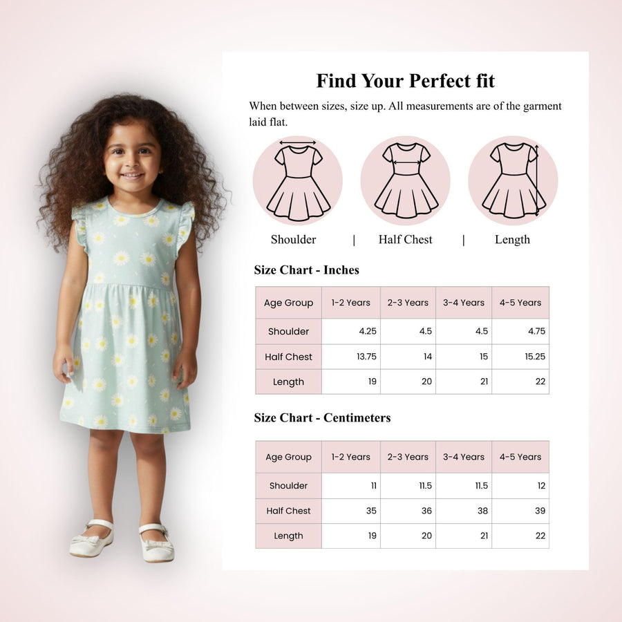 Pastel Aqua Green Floral With Frill Sleeves Cotton Dress for Little Girls