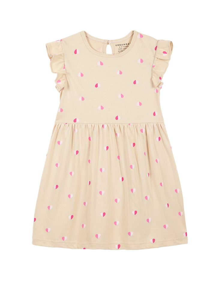 Beige Frill Sleeves Cotton Dress for Little Girls