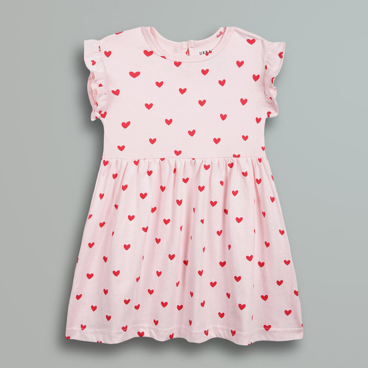 Pink Red Hearts Print Frill Sleeves Cotton Dress for Little Girls