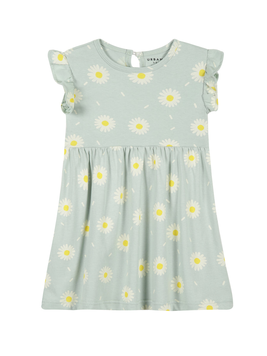 Pastel Aqua Green Floral With Frill Sleeves Cotton Dress for Little Girls - Urbanrac
