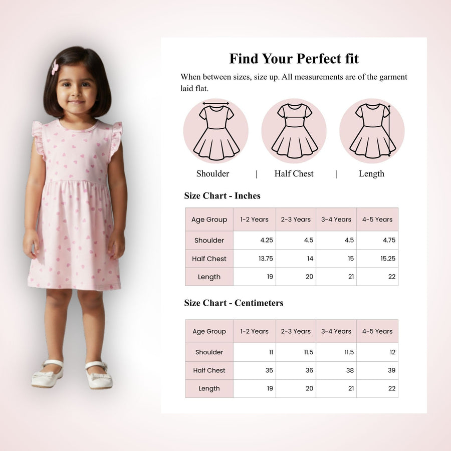 Pink Hearts Print Frill Sleeves Cotton Dress for Little Girls