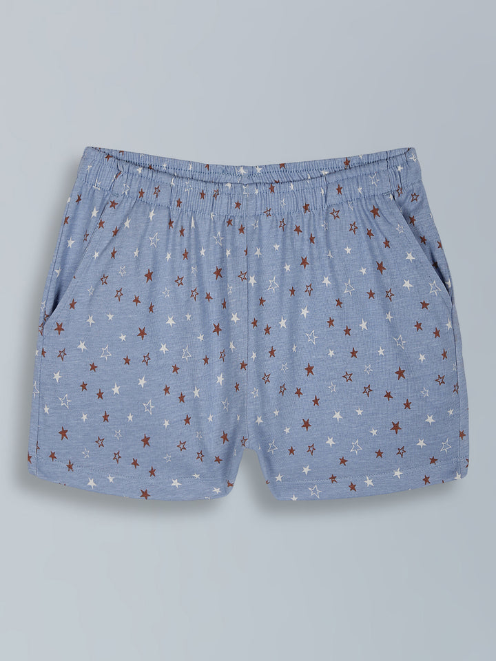 Girls Denim Blue Star Print Cotton Shorts