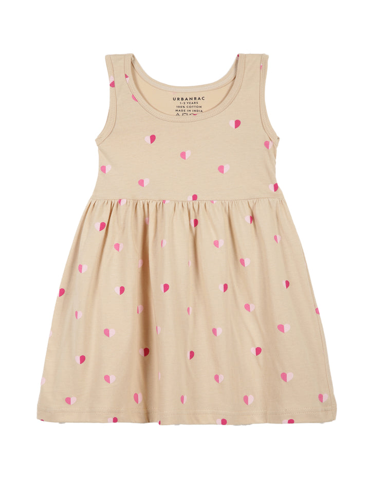 Beige Heart Print Sleeveless Cotton Dress for Little Girls