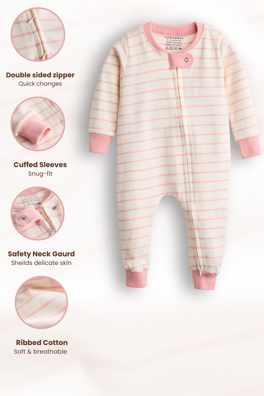 2 Way Double Zipper Sleepsuit in Elegant Strips for Babies