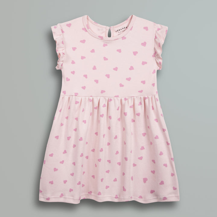 Pink Hearts Print Frill Sleeves Cotton Dress for Little Girls