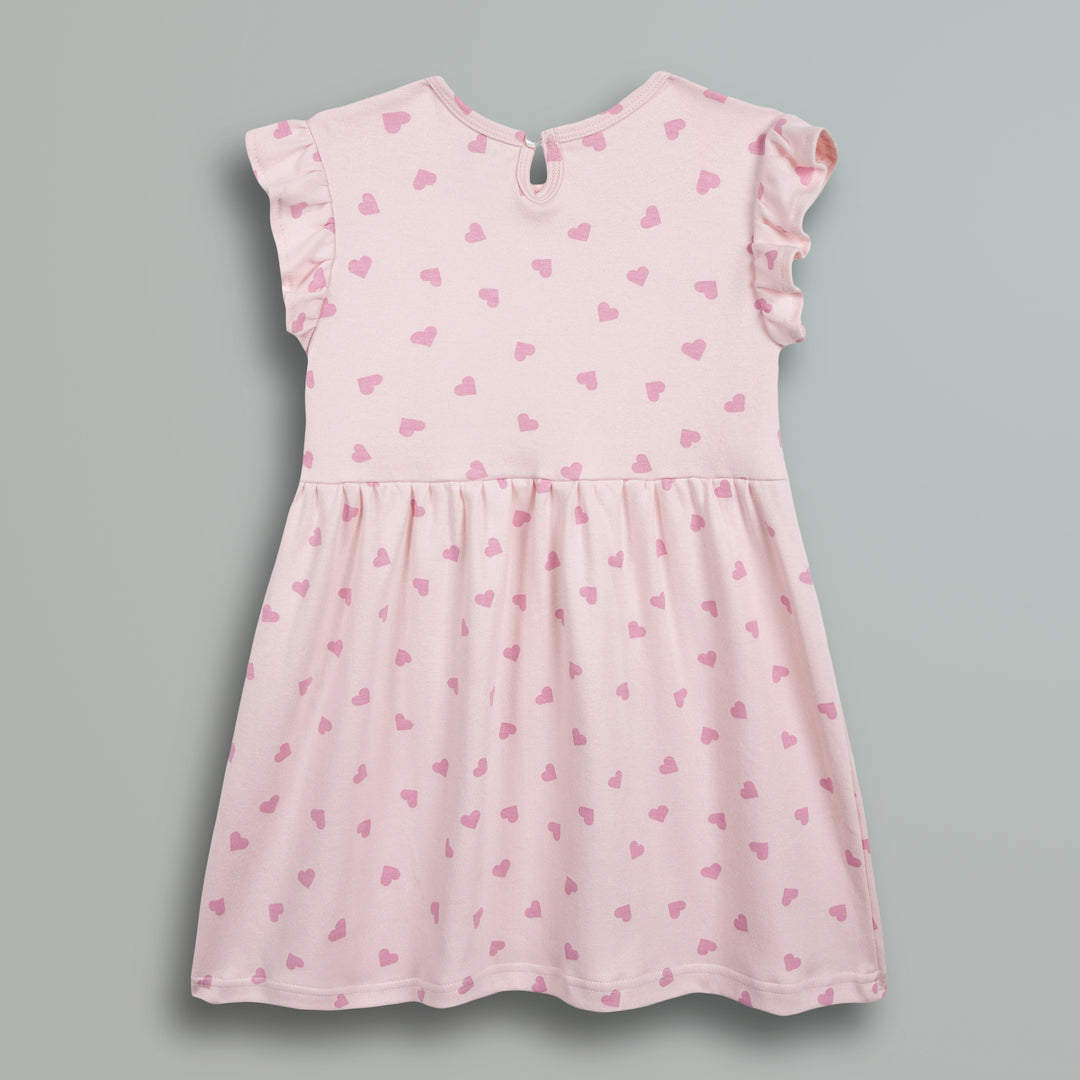 Pink Hearts Print Frill Sleeves Cotton Dress for Little Girls