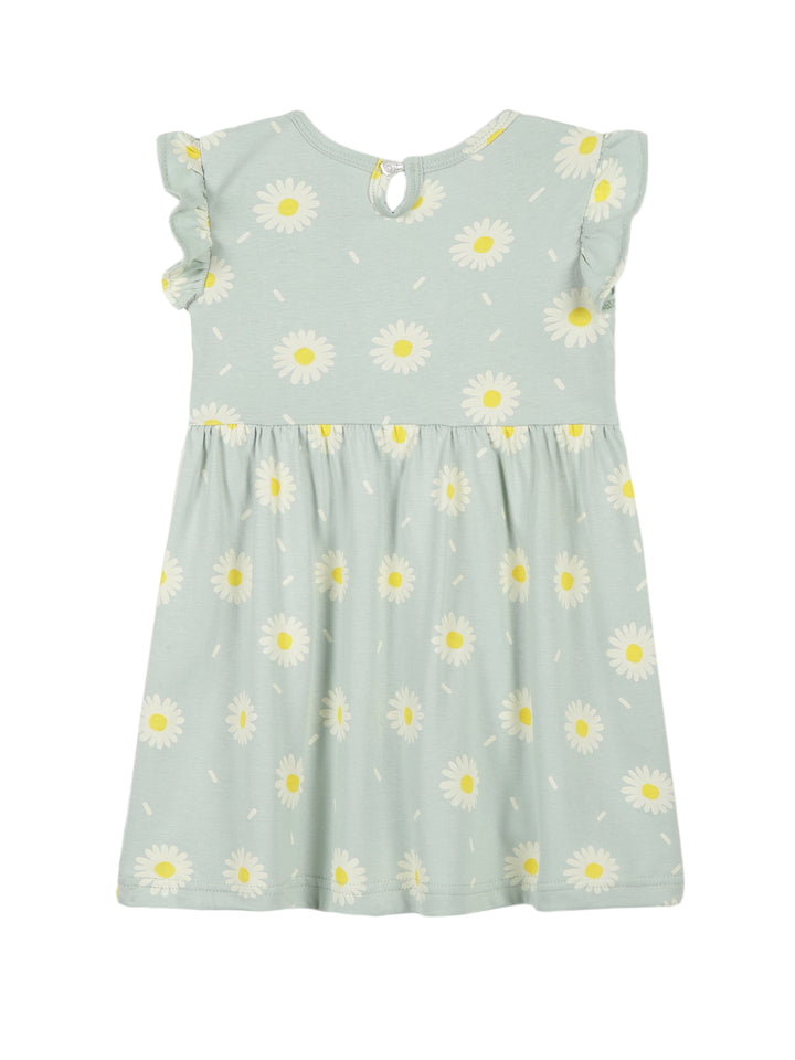 Pastel Aqua Green Floral With Frill Sleeves Cotton Dress for Little Girls