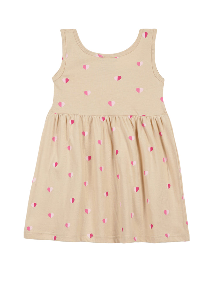 Beige Heart Print Sleeveless Cotton Dress for Little Girls