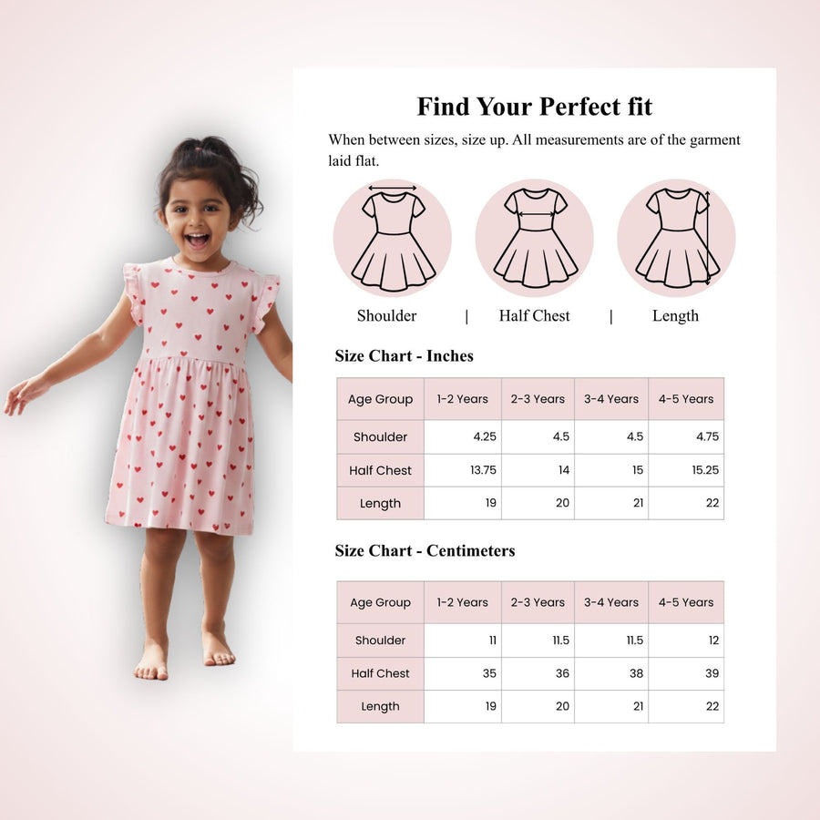 Pink Red Hearts Print Frill Sleeves Cotton Dress for Little Girls