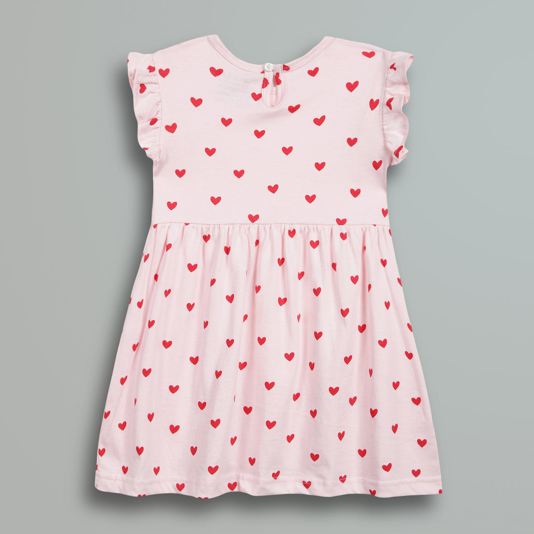 Pink Red Hearts Print Frill Sleeves Cotton Dress for Little Girls