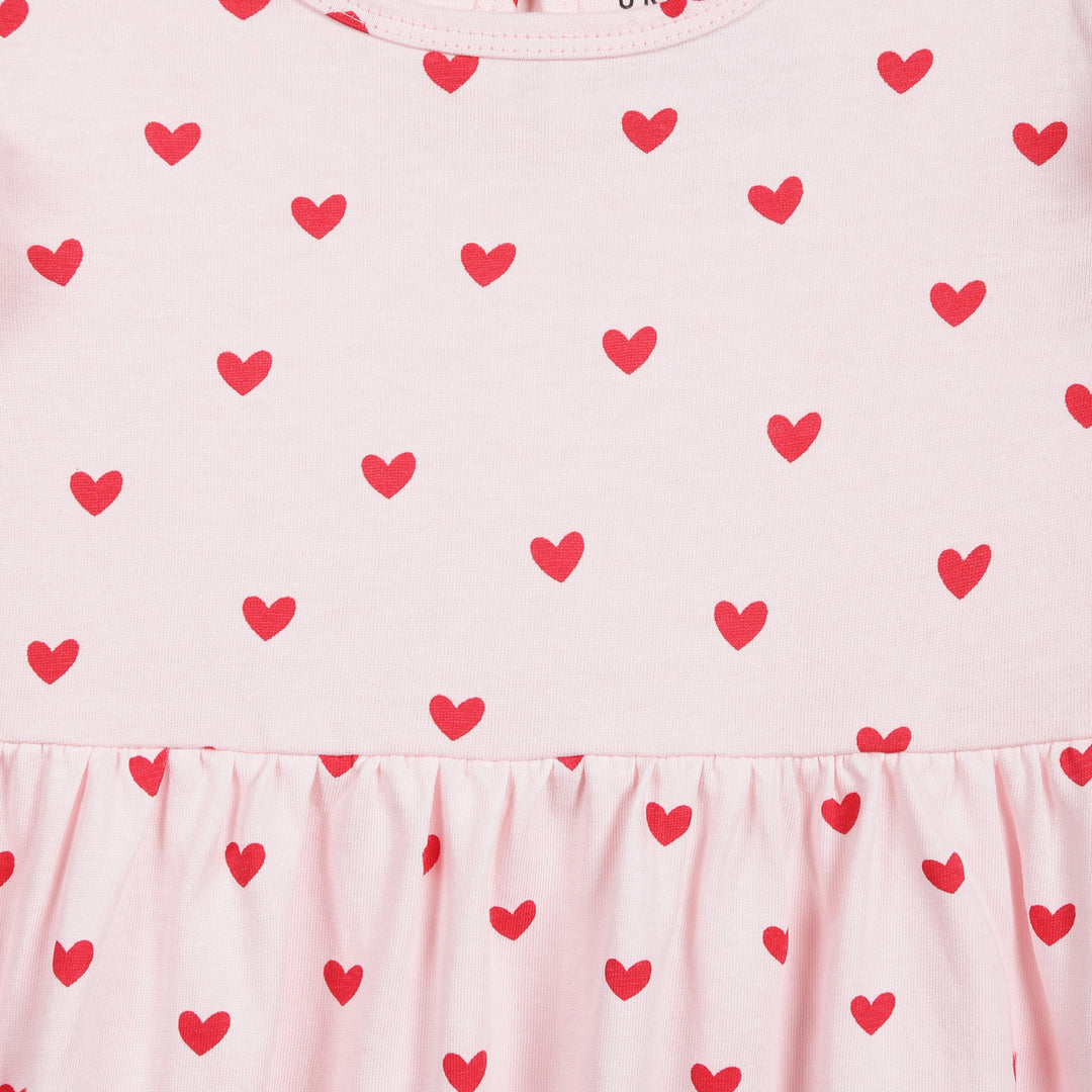 Pink Red Hearts Print Frill Sleeves Cotton Dress for Little Girls