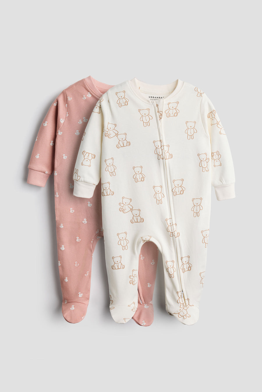 2 Way Double Zipper Baby Sleepsuit – Pack of 2 | Soft Cotton Footed Rompers