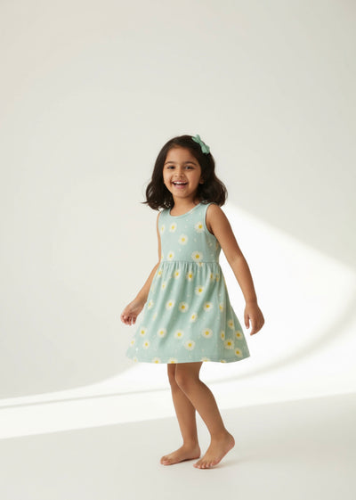 Pastel Aqua Green Floral Sleeveless Cotton Dress for Little Girls