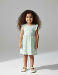 Pastel Aqua Green Floral With Frill Sleeves Cotton Dress for Little Girls